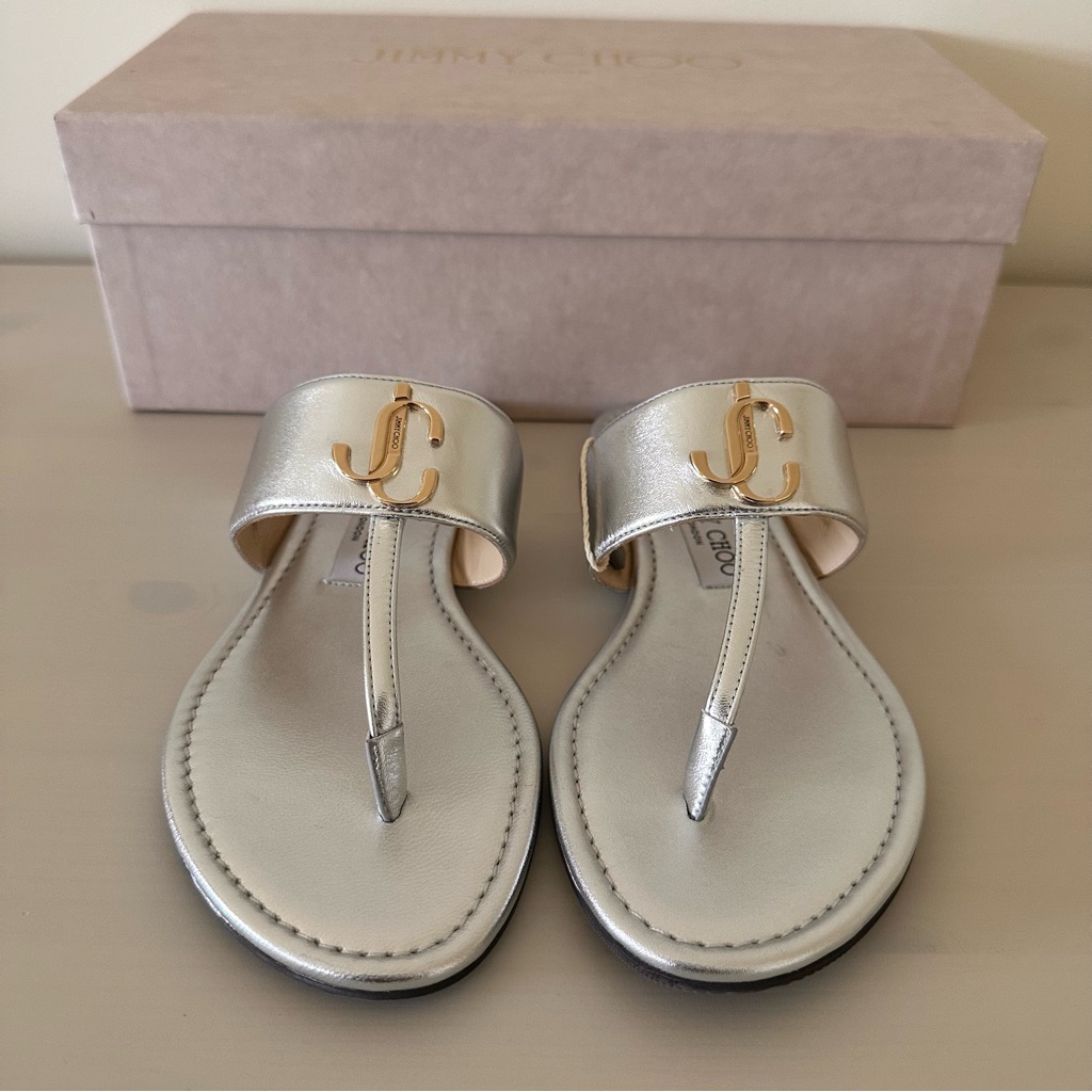 Nib Jimmy Choo Flat Sandals Logo Leather Silver Size 7